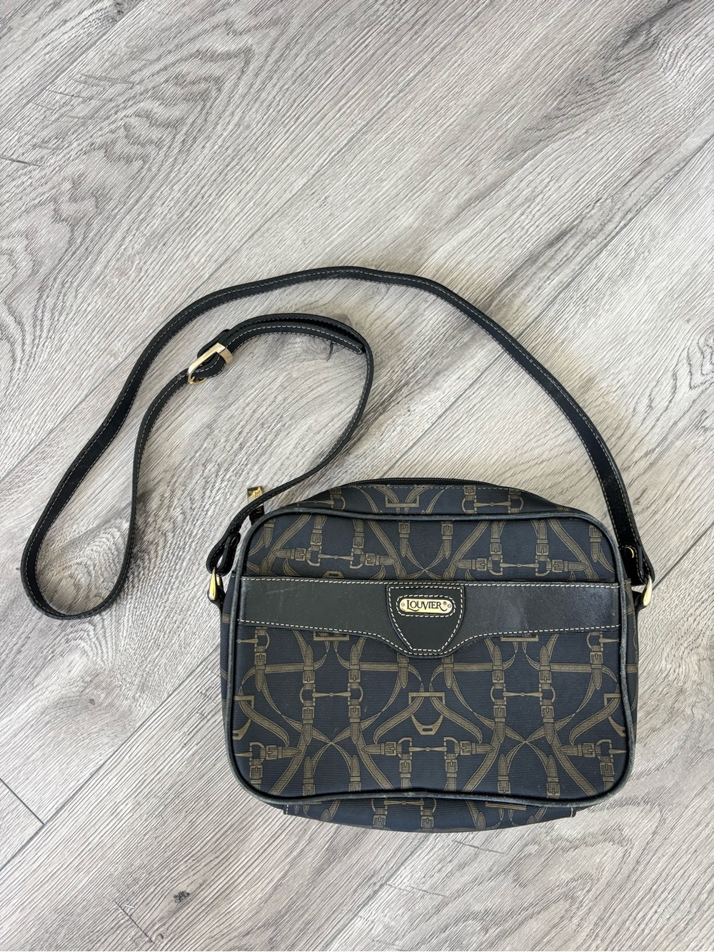 Vintage Louvier Equestrian Print Crossbody Bag - Brown & Black with Gold Detail